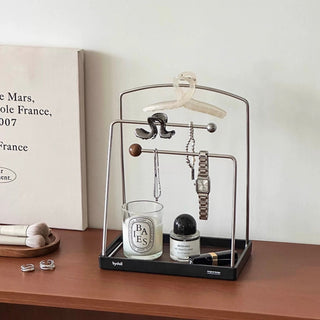 Stainless steel accessory stand with wood-grain tray for storage small item holder perfume storage.