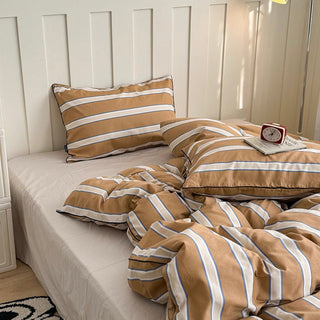 Brown Mixed Color Wide Stripe Cotton Duvet Cover Set 2 Sizes  All Seasons