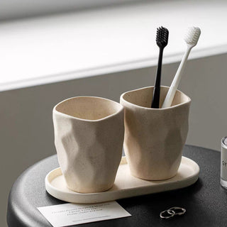 Natural Ceramic Textured Brush Stand for Bathroom Sink Mouthwash Cup Toothbrush Cup
