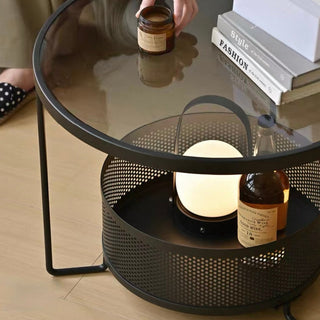 Iron Glass Round Side Table  Low Table with Storage