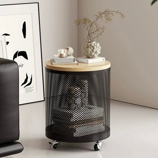 Wheeled Wood Lid Storage Round Side Table