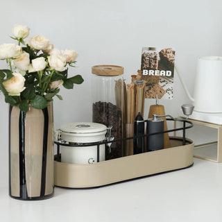 Black Frame Leather Oval Long Tray Small Item Holder Spice Rack