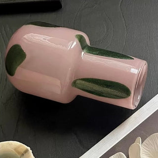 Green polka dot pink glass flower vase