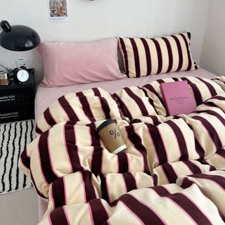 Pink Brown Wide Stripe Winter Duvet Cover Set