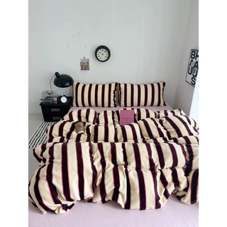 Pink Brown Wide Stripe Winter Duvet Cover Set