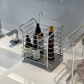 Stainless steel hanging wire basket silver dish drainer small item storage.