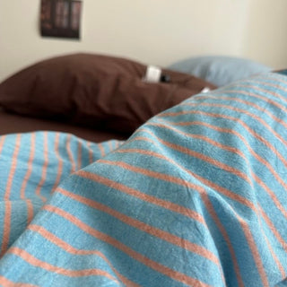 Blue Brown Pin Stripe Cotton Duvet Cover Set 2 Sizes  All Seasons