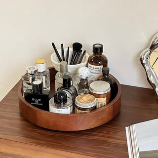 360 Degree Rotating Natural Wood Round Cosmetic Storage Tray