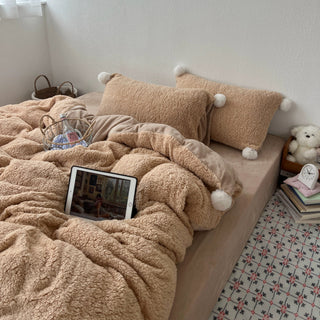Brown Pom-pom Milk Velvet Winter Thick Duvet Cover Set
