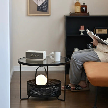 Iron Glass Round Side Table  Low Table with Storage