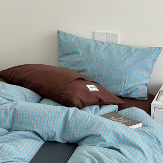 Blue Brown Pin Stripe Cotton Duvet Cover Set 2 Sizes  All Seasons