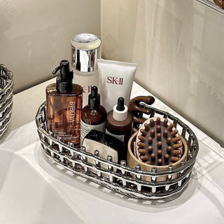 Silver Woven Oval Ceramic Basket for Small Item Storage