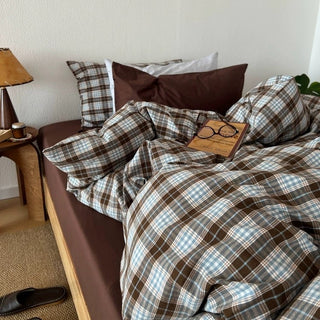 Brown Sheets Checkered Pattern Cotton Duvet Cover Set  All Seasons