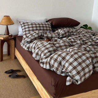 Brown Sheets Checkered Pattern Cotton Duvet Cover Set  All Seasons