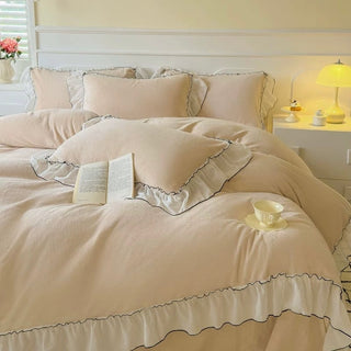Frill Lace Milk Velvet Winter Duvet Cover Set Beige Bed Cover Bedding Cover