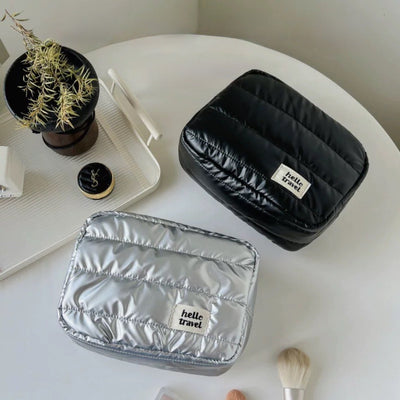 Metallic Color Rectangular Cosmetic Storage Puff Pouch  Silver Travel Pouch