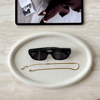 PU Leather Round Oval Simple Accessory Tray  Ivory Beige