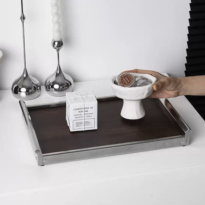 Stainless Steel Silver Wood Large Rectangular Tray  Accessory Tray Storage Cafe Tray