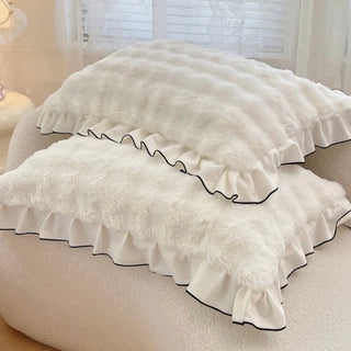 White Frill Fluffy Soft Pillowcase  48 x 74cm Faux Fur