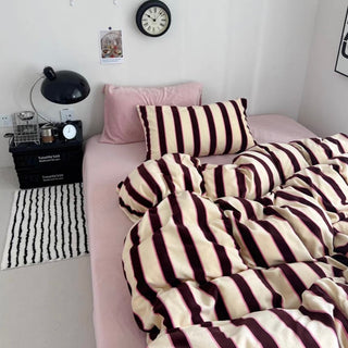 Pink Brown Wide Stripe Winter Duvet Cover Set