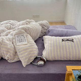 Purple Stripe Milk Velvet Winter Duvet Cover Set