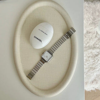 PU Leather Round Oval Simple Accessory Tray  Ivory Beige