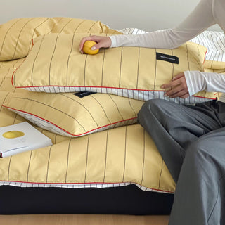 Yellow Double-Sided Stripe Cotton Duvet Cover Set   Bed Cover  All Seasons