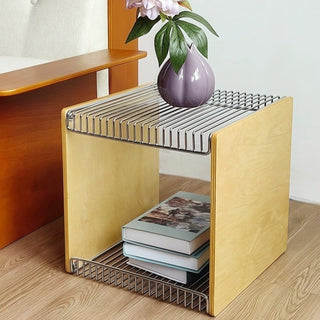 Wood x Stainless Steel Silver Storage Rack Side Table  Magazine Rack Wire Cube