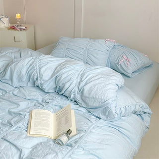 Color Gathered Romantic Ribbon Duvet Cover Set  All Seasons