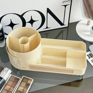 degree rotating brush stand with woven-style cosmetic storage tray