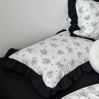 Flower Pattern Black Frill Monotone Duvet Cover Set  All Season