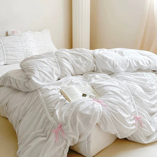 White Gathered Romantic Ribbon Duvet Cover Set  All Seasons