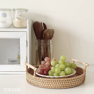 Large Rattan Round Tray with Handle Small Item Container