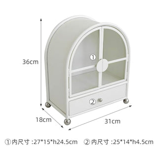 Door-equipped arched cosmetic storage display rack white cabinet
