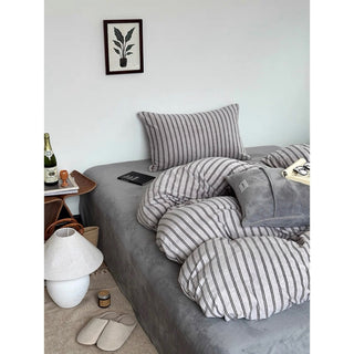 Gray Double Stripe Milk Velvet Winter Duvet Cover Set
