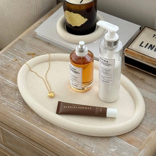 PU Leather Round Oval Simple Accessory Tray  Ivory Beige