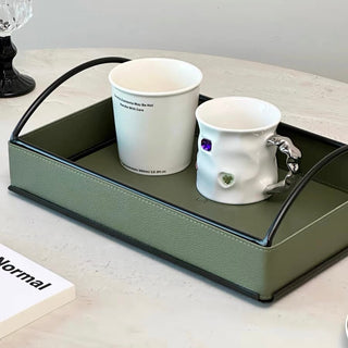 Iron Handle Leather Rectangular Tray  Storage
