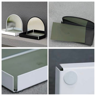 Arched storage tray with mirrorin  for storing small items.