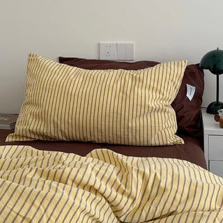 Yellow Brown Pin Stripe Cotton Duvet Cover Set 2 Sizes  All Seasons