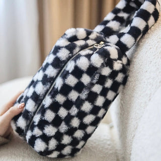 Checkerboard pattern faux fur pouch cosmetic storage bag