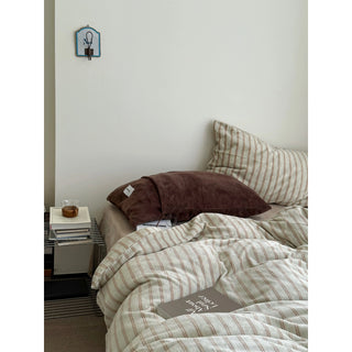 Beige Brown Double Stripe Milk Velvet Winter Duvet Cover Set