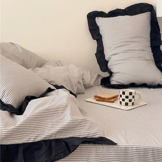 Gray Stripe Black Frill Cotton Duvet Cover Set  All Season