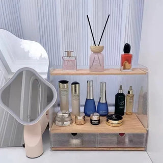 Clear x Wood Grain Cosmetic Storage Rack with Drawers