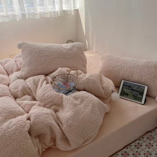 Pink Pom-Pom Milk Velvet Winter Thick Duvet Cover Set