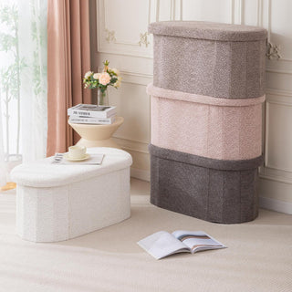 Folding Oval Boucle Storage Stool  Ottoman Bench Stool Storage Storage Box