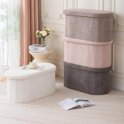 Folding Oval Boucle Storage Stool  Ottoman Bench Stool Storage Storage Box