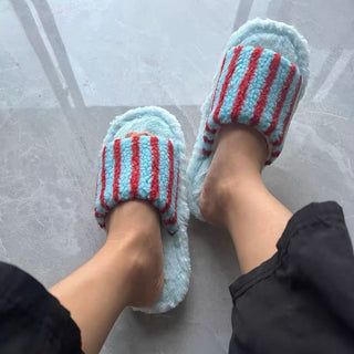 Striped Boa Fur Open Slippers   3 Sizes  Indoor Room Shoes