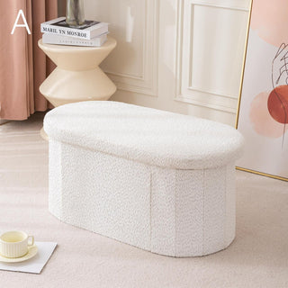 Folding Oval Boucle Storage Stool  Ottoman Bench Stool Storage Storage Box