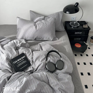 Gray Brown Stripe Cotton Duvet Cover Set 2 Sizes  All Seasons