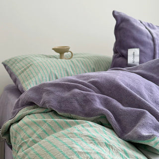 Green Purple Pin Stripe Cotton Fleece Winter Duvet Cover Set